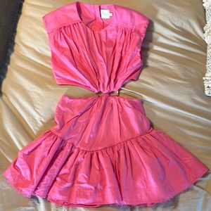 Aje. Brand short, pink cut out dress with gold hard ware detail